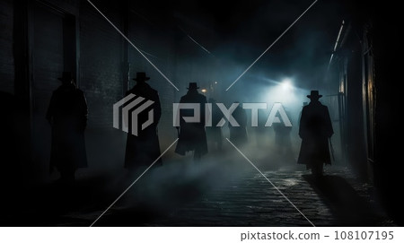 Several dark silhouettes of criminal people Several dark silhouettes of criminal people 108107195