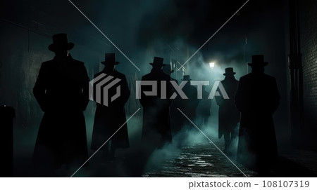 Several dark silhouettes of criminal people Several dark silhouettes of criminal people 108107319