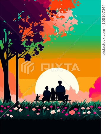 Happy family walking in park. Poster in retro style. Vector illustration 108107344