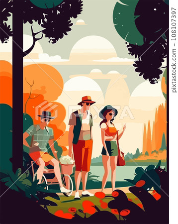 Happy family walking in park. Poster in retro style. Vector illustration 108107397