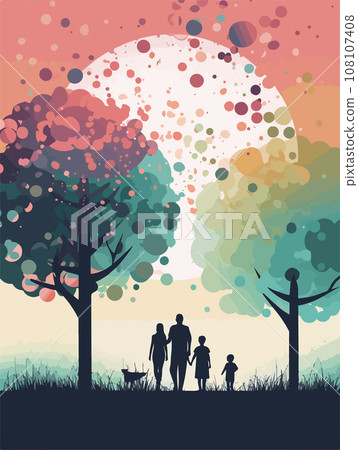 Happy family walking in park. Poster in retro style. Vector illustration 108107408