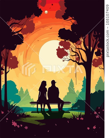 Happy family walking in park. Poster in retro style. Vector illustration 108107409