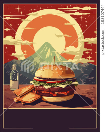 Hamburger poster. Old style poster art. Big burger on retro style. Fast food menu vector cover design. Space for text. 108107444