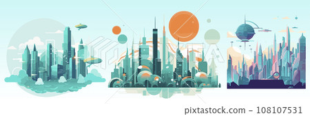 Abstract flat vector illustration of futuristic sky city. Abstract flat vector illustration of futuristic sky city. 108107531