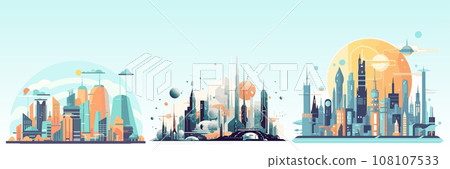 Abstract flat vector illustration of futuristic sky city. Abstract flat vector illustration of futuristic sky city. 108107533