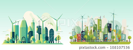 Abstract flat vector illustration of green eco city. Abstract flat vector illustration of green eco city. 108107536