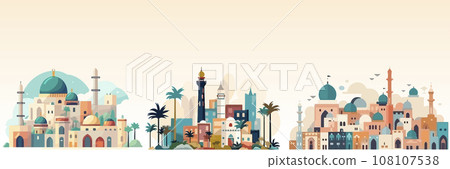Abstract flat vector illustration of arabian city. Abstract flat vector illustration of arabian city. 108107538