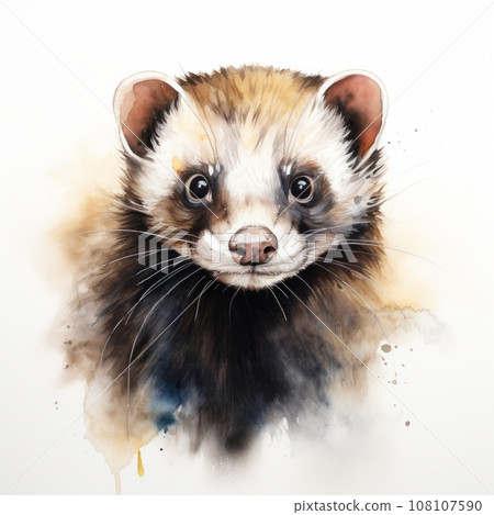 Bold Watercolor Ferret Face on White Background AI Generated 108107590
