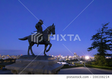 Night view of Sendai city and Date Masamune equestrian statue Night view of Sendai city and Date Masamune equestrian statue 108108214