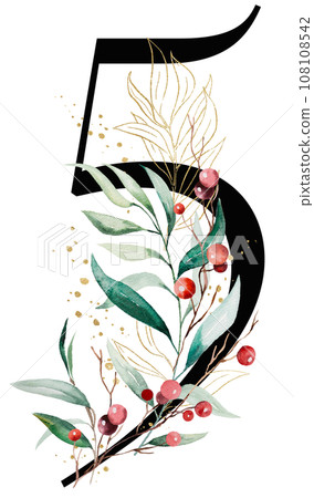 Black number 5 with watercolor twigs with green leaves and red berries, Christmas isolated Illustration 108108542