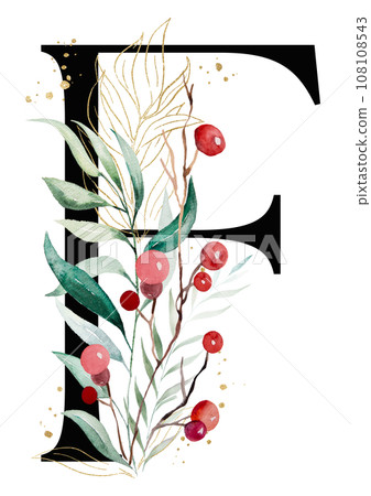 Black letter F with watercolor twigs with green and golden leaves and red berries, Christmas isolated Illustration Black letter F with watercolor twigs with green and golden leaves and red berries, Christmas isolated Illustration 108108543