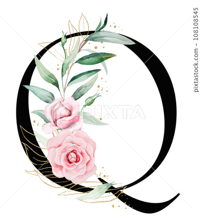 Black letter Q with pink watercolor flowers and green and golden leaves, isolated illustration Black letter Q with pink watercolor flowers and green and golden leaves, isolated illustration 108108545