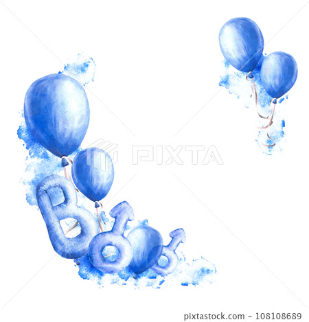 Newborn, gender reveal, birthday party it is a Boy baby clipart circle frame Air ballon with blue splashes, letter B and male Mars sign Watercolor hand drawn illustrations isolated on white background Newborn, gender reveal, birthday party it is a Boy baby clipart circle frame Air ballon with blue splashes, letter B and male Mars sign Watercolor hand drawn illustrations isolated on white background 108108689