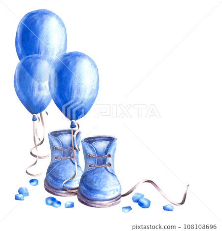 Blue Air ballon with baby shoes, booties and blue peas. watercolor Baby Boy clipart. It is a boy, newborn, gender reveal or happy birthday party, hand drawn illustrations isolated on white background 108108696