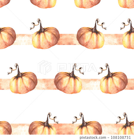 Vegetable seamless pumpkins striped pattern. Isolated white background. Watercolor autumn illustration. Hand drawing repeating fall design for thanksgiving cards, posters, halloween wrapping, prints Vegetable seamless pumpkins striped pattern. Isolated white background. Watercolor autumn illustration. Hand drawing repeating fall design for thanksgiving cards, posters, halloween wrapping, prints 108108731