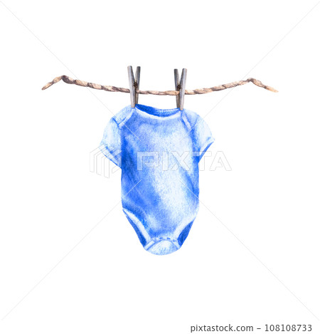 Baby blue bodysuit with clothesline and clothes pegs. It is a boy, baby boy. Watercolor hand draw illustration isolated white background. Set for birthday, newborn, gender reveal party, print cards. Baby blue bodysuit with clothesline and clothes pegs. It is a boy, baby boy. Watercolor hand draw illustration isolated white background. Set for birthday, newborn, gender reveal party, print cards. 108108733