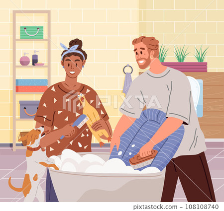 Laundry. Vector illustration. The laundry metaphor symbolizes purification self Cleaning clothes requires right detergent Proper equipment is essential for effective laundry Drying clothes 108108740