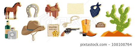 Cowboy vector elements. Cowboy boots, hat, horseshoe, cactus and gun. Wild west symbols cartoon set. Cowboy western theme wild west concept. Cowgirl cartoon hand drawn isolated symbols. American texas 108108764