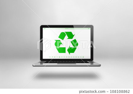 Laptop computer with a recycling symbol on screen. environmental conservation concept Laptop computer with a recycling symbol on screen. environmental conservation concept 108108862