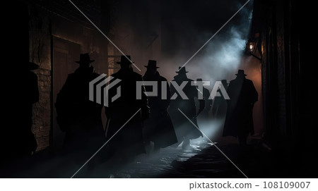 Several dark silhouettes of criminal people Several dark silhouettes of criminal people 108109007