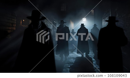 Several dark silhouettes of criminal people Several dark silhouettes of criminal people 108109043
