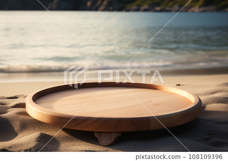 Wooden Tray Podium on Sand Beach, Morning Light 108109396