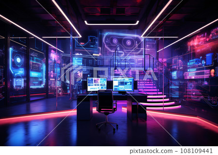 Neon Cyberpunk Open Space Office Interior, Modern IT Concept Neon Cyberpunk Open Space Office Interior, Modern IT Concept 108109441