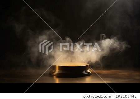 Golden Podium on Dark Background with Smoke 108109442