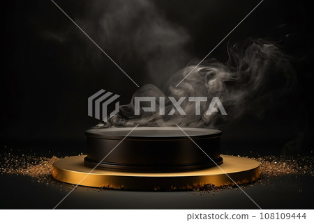 Golden Podium on Dark Background with Smoke 108109444