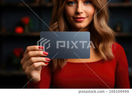Grey mockup of a business card or bank card in the hands of a woman Grey mockup of a business card or bank card in the hands of a woman 108109499