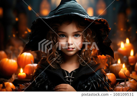 Child girl in a witch costume for Halloween among pumpkins in the background Child girl in a witch costume for Halloween among pumpkins in the background 108109531
