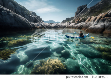 AI generative image of a kayaker paddling through tranquil canyon 108109809