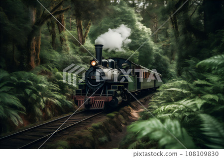 AI generative image of retro steam train chugging through the lush green woods AI generative image of retro steam train chugging through the lush green woods 108109830