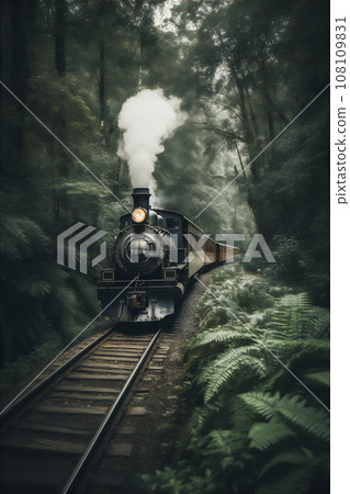 AI generative image of retro steam train chugging through the lush green woods AI generative image of retro steam train chugging through the lush green woods 108109831