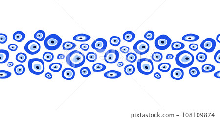 Turkish evil eye amulet seamless long horizontal banner. Blue Nazar talisman amulet repeat pattern. Vector good luck decor. 108109874