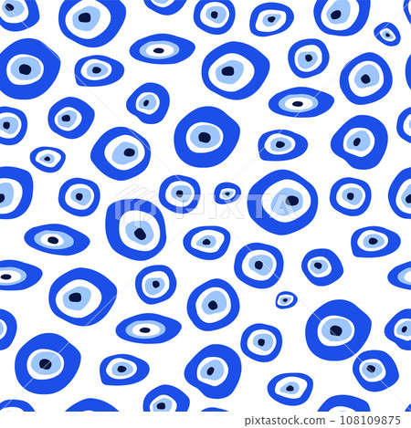 Turkish evil eye amulet seamless pattern. Blue Nazar talisman amulet repeat background. Vector lucky symbol print. 108109875