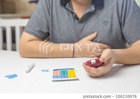 Unpleasantly surprised man looks at the results of blood sugar level measurement. Unpleasantly surprised man looks at the results of blood sugar level measurement. 108110076