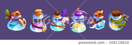 Game assets of glass bottles with elixir or potion 108110620
