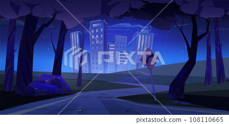 Winding road to city in night. Winding road to city in night. 108110665