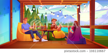 Friends on terrace near lake, forest and mountains Friends on terrace near lake, forest and mountains 108110667