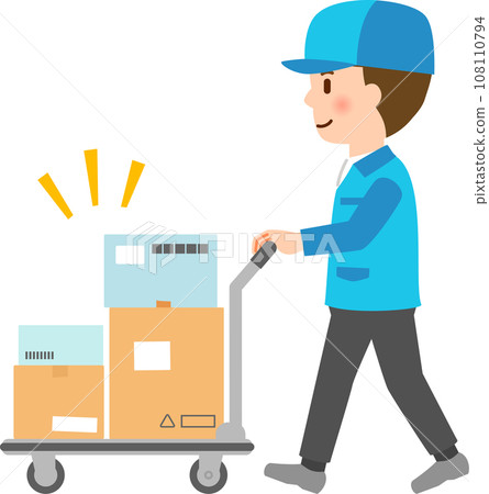 Delivery staff pushing a trolley loaded with cardboard boxes 108110794