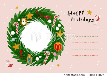 可包含照片的水平聖誕花圈明信片-水平相框卡粉紅色 108111024