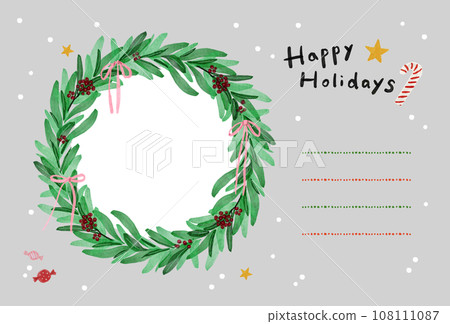 Horizontal Christmas wreath postcard that can contain photos - Horizontal photo frame card Gray Gray 108111087