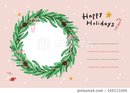 Horizontal Christmas wreath postcard that can contain photos - Horizontal photo frame card pink 108111089