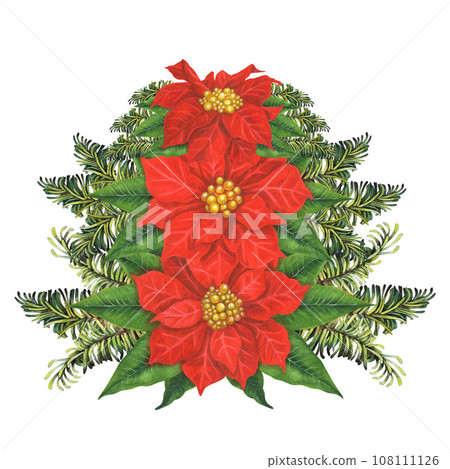 Watercolor Christmas composition with green fir branches, red poinsettia flower and candles 108111126