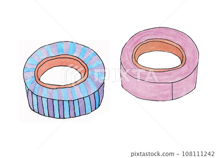 Illustration set of vertical stripes and pink masking tape drawn with water-based pens and transparent watercolors 108111242