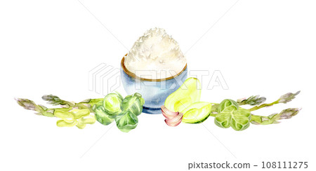 Watercolor asian rice bowl with green vegetables composition. Chinese,japanese,tai traditional food illustration with avocado, asparagus, cabbage, beans ingredients around blue ceramic pot with rice Watercolor asian rice bowl with green vegetables composition. Chinese,japanese,tai traditional food illustration with avocado, asparagus, cabbage, beans ingredients around blue ceramic pot with rice 108111275