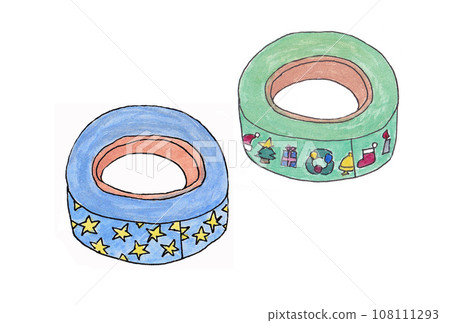 Illustration set of masking tape with star pattern and Christmas pattern drawn with water-based pen and transparent watercolor paint 108111293