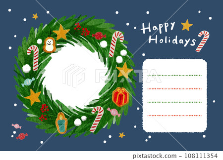 Christmas wreath postcard with photo in it, horizontal photo frame card, dark blue, navy 108111354