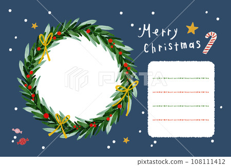 Christmas wreath postcard with photo in it, horizontal photo frame card, dark blue, navy 108111412